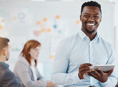 Buy stock photo Leadership, motivation and business man planning on digital tablet and looking proud in a group meeting. Strategy, vision and marketing by black man portrait leading a design team mission discussion