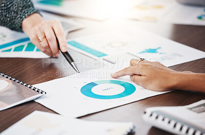 Buy stock photo Business hands, paperwork data and statistics in office finance meeting, marketing management and economy research. Closeup team planning investment charts, sales analytics and graphs report document
