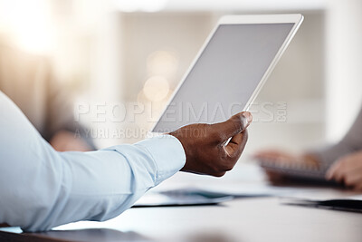 Buy stock photo Business man hands, tablet mockup and planning in office meeting for marketing ideas, advertising strategy and website media. Closeup digital screen space, internet technology and reading online apps
