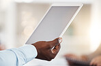 Business tablet and hands with a digital mock up screen for online corporate communication. Modern office worker with electronic device touch screen display and secure internet connection.