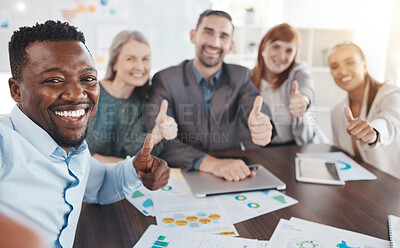 Buy stock photo Thumbs up, team success and diversity of office employee team happy and motivation of teamwork. Thank you, winner and yes hand sign of business workers smile doing a collaboration and corporate goal