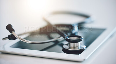 Buy stock photo Stethoscope, digital tablet and telehealth app on hospital, medical wellness and healthcare table. Zoom on communication internet technology, medicine equipment support and insurance consulting help