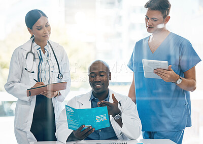 Buy stock photo Diversity doctors, team and healthcare planning, collaboration and teamwork in meeting in hospital office. Medical, leadership and nurse with communication, strategy and disease information review.