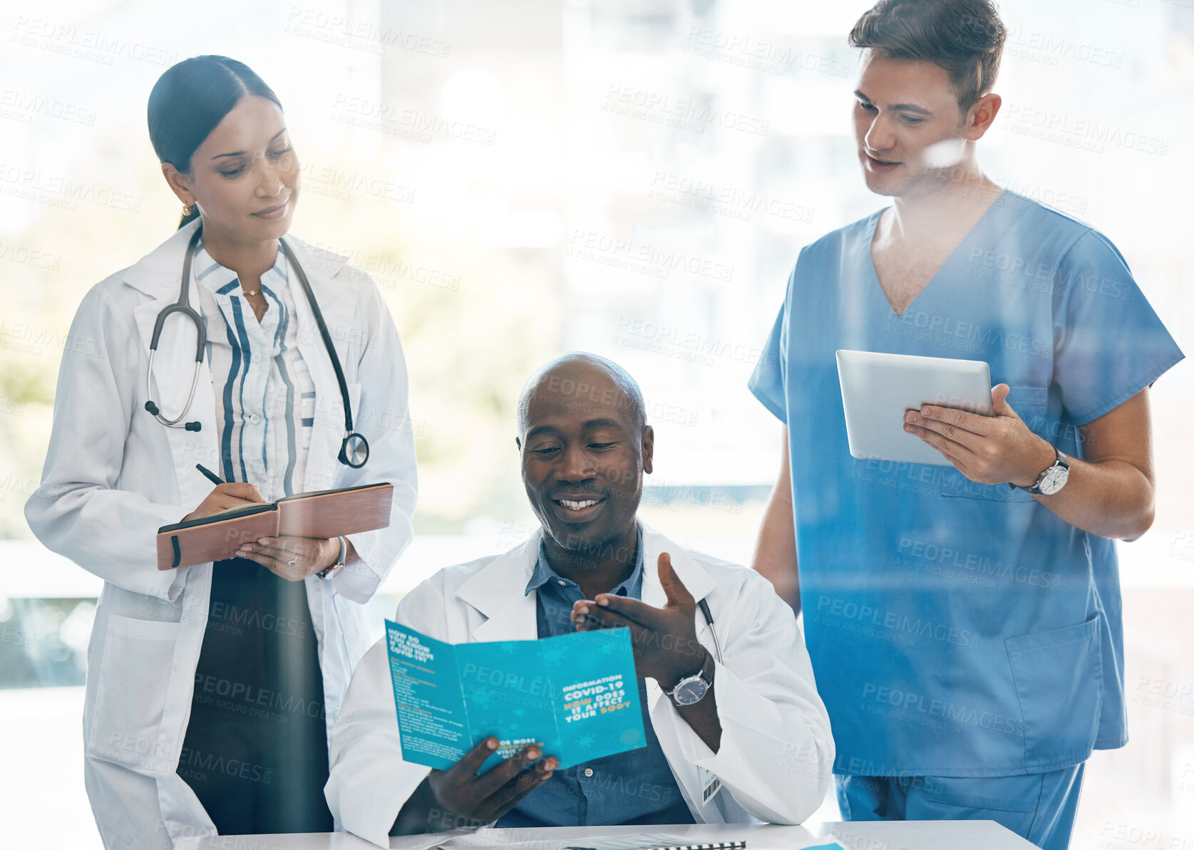 Buy stock photo Diversity doctors, team and healthcare planning, collaboration and teamwork in meeting in hospital office. Medical, leadership and nurse with communication, strategy and disease information review.