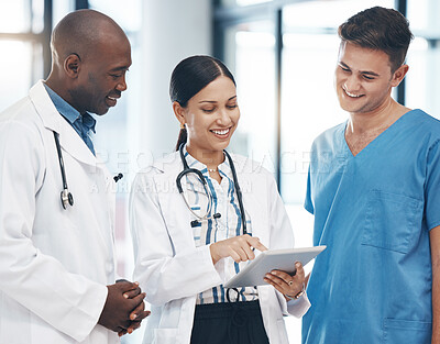 Buy stock photo Hospital teamwork, digital tablet and healthcare planning, research collaboration and medical clinic consulting. Diversity doctors, wellness nurse and happy surgeon connected online apps for analysis