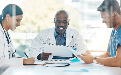 Buy stock photo Doctor team conversation about medical document in a meeting together at work. Healthcare workers talking while planning, communication and strategy in a hospital office or boardroom with teamwork