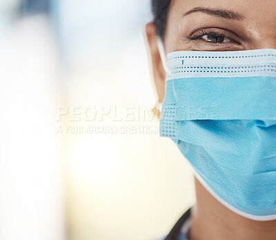 Buy stock photo Covid, medical face mask and female doctor with safety gear for hygiene, protection and healthcare insurance in hospital. Closeup portrait of woman against virus, pandemic and coronavirus copy space