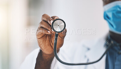 Buy stock photo Healthcare, medical and doctors hand with stethoscope in hand of nurse for heartbeat or breathing in hospital office. Medicine, insurance and consulting with health professional in clinic