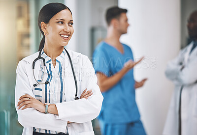 Buy stock photo Healthcare, innovation and proud doctor smile and excited about medical success in hospital. Motivation, idea and woman leader thinking and planning strategy for surgery, breakthrough and discovery 
