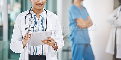 Buy stock photo Indian woman doctor with tablet for medical data in digital online web medicine, innovation tech and medicare app research. Healthcare lady on mobile internet or site for health lab exam test results