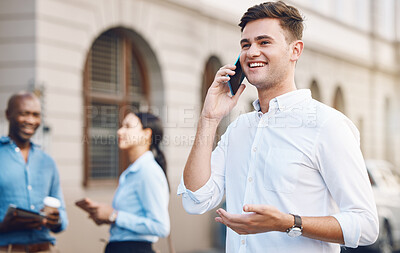 Buy stock photo Businessman, phone call or city travel and talking, networking or in communication on 5g technology. Smile, happy or motivation worker with global success vision for teamwork collaboration on morning
