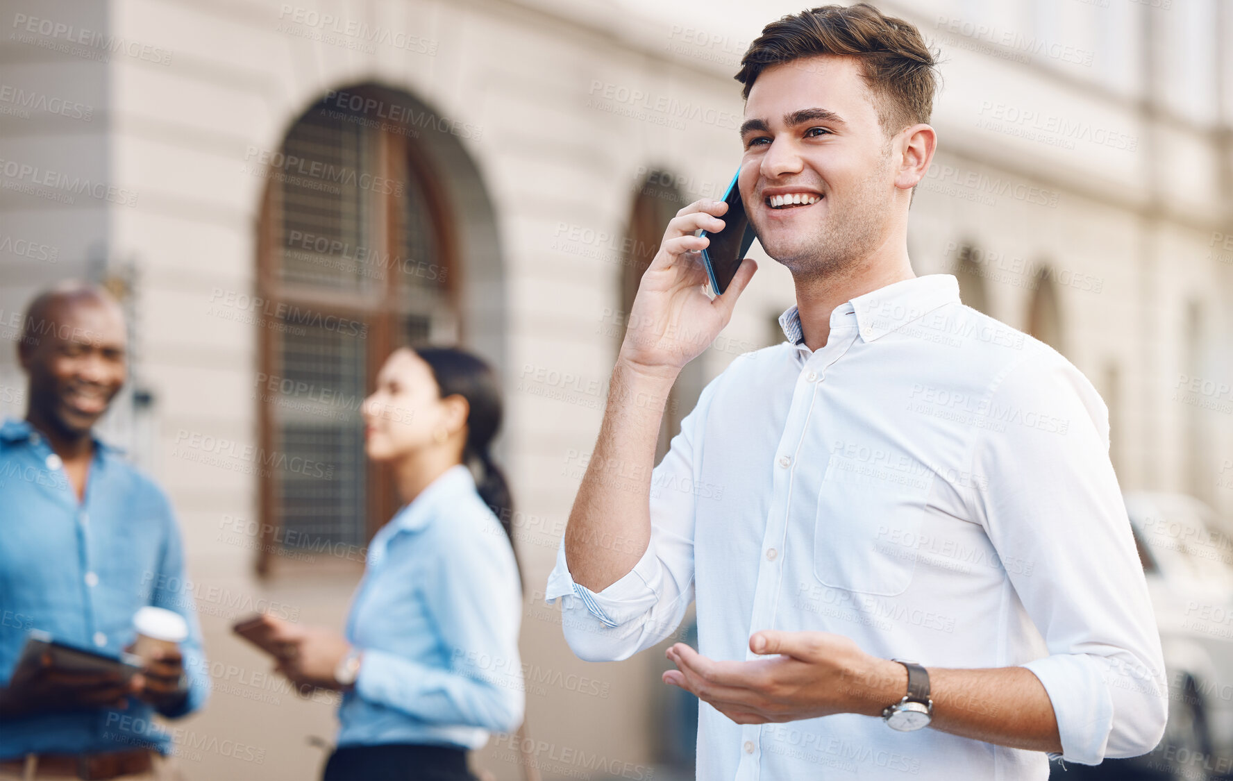 Buy stock photo Businessman, phone call or city travel and talking, networking or in communication on 5g technology. Smile, happy or motivation worker with global success vision for teamwork collaboration on morning