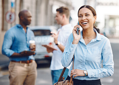 Buy stock photo Communication, phone call and business woman in city street for networking, conversation or travel. Management, vision or smile with young employee walking in urban outdoors for success or technology