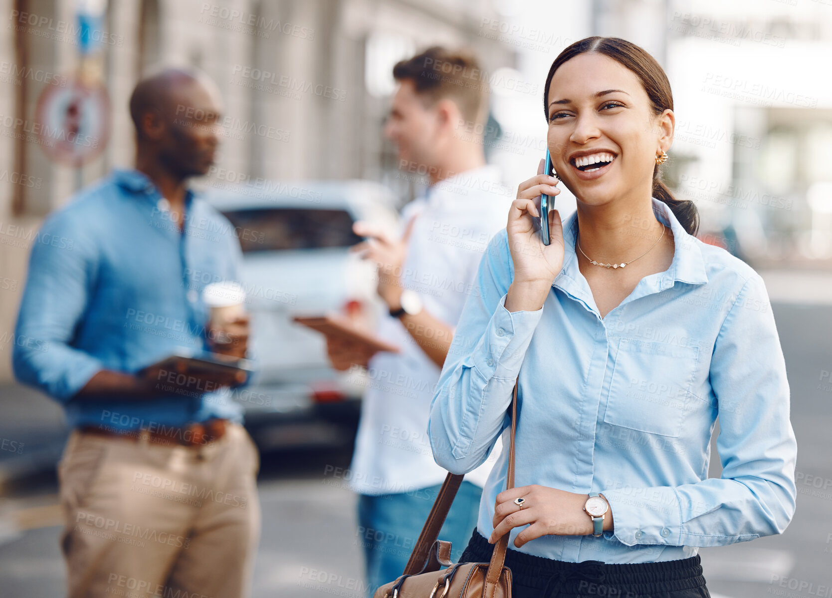 Buy stock photo Communication, phone call and business woman in city street for networking, conversation or travel. Management, vision or smile with young employee walking in urban outdoors for success or technology