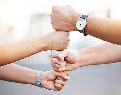 Buy stock photo Hands support, team building and city people with vision for collaboration, motivation for corporate partnership and working on employee growth. Business workers with fist stacked for mission