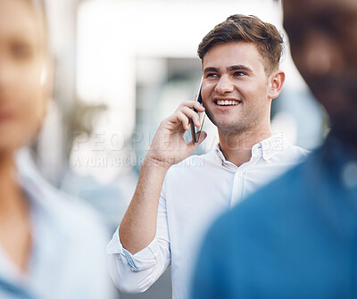 Buy stock photo Phone call, communication and networking with a businessman talking on a call outdoor in the city. Vision, motivation and conversation for growth and development of his startup corporate company