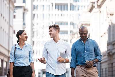 Buy stock photo Business people, friends and city group walking, talking and chatting about work project while outside on an urban street. Diversity, happy and employees planning, traveling and social on commute