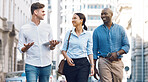 Startup entrepreneur, friends or corporate workers discuss project while walking in the city. Diversity, happy and business people talking, walk and conversation on commute to work in the morning