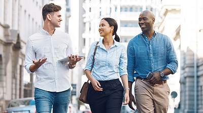 Buy stock photo Startup entrepreneur, friends or corporate workers discuss project while walking in the city. Diversity, happy and business people talking, walk and conversation on commute to work in the morning