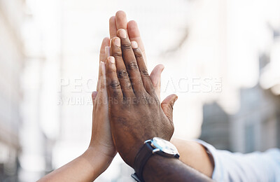Buy stock photo High five, hands and success in collaboration teamwork, global company startup and business people diversity. Winner zoom, support or team building motivation with partnership sale in b2b growth deal