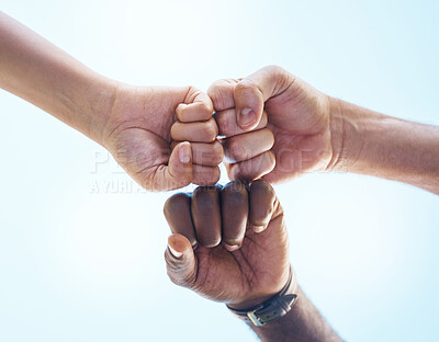 Buy stock photo Fist bump, teamwork and friends in support, motivation and trust work together for success, partnership and diversity outdoor. Hands of people in collaboration, reunion and connection for unity goal