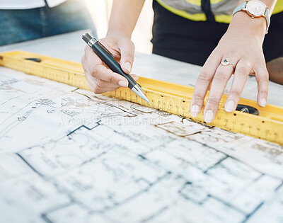 Buy stock photo Hands, blueprint and architect planning with an architecture design and logistics for a building. Industrial designer and engineer working in collaboration with a floor plan, paper or project drawing