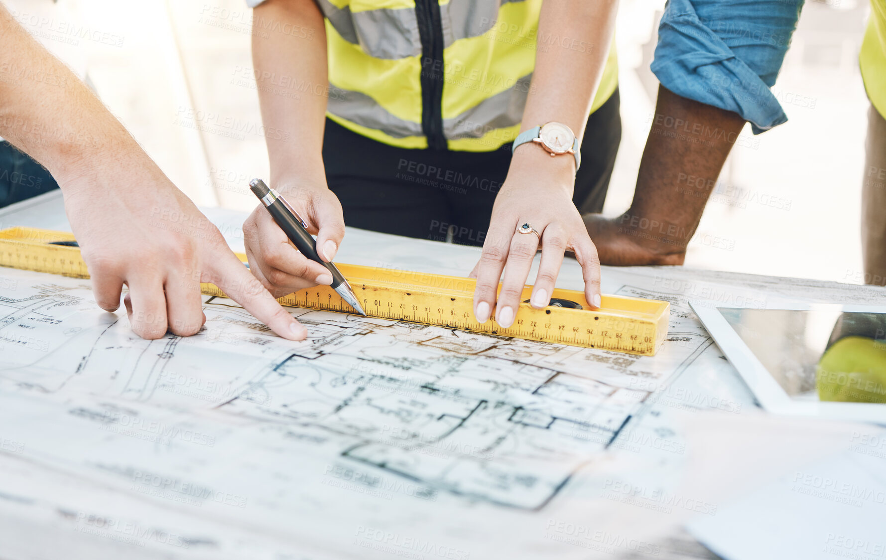 Buy stock photo Hands, blueprint and engineering team working on a design plan for a building in the site office. Industry workers, teamwork and architecture paperwork illustration for planning a industrial project.