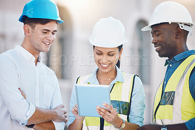 Buy stock photo Construction, building and tablet with an architect, engineer and designer working as a team on a build site in the city.  Collaboration, teamwork and architecture with a woman and men at work