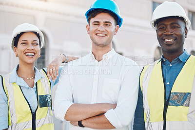 Buy stock photo Logistics worker, architect and manager portrait working on construction site, happy with architecture partnership and smile for engineering job. Team diversity in industrial maintenance industry