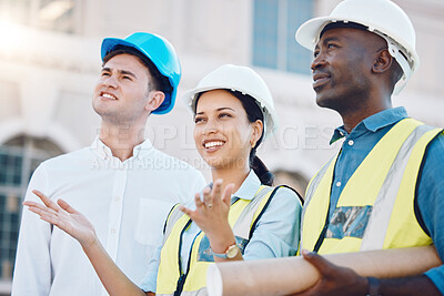 Buy stock photo Construction, building and teamwork with an engineer, builder and contractor working as a team on a build site. Collaboration, development and diversity with an employee group outside with plans
