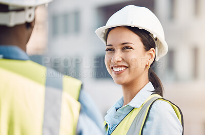 Buy stock photo Building engineer, construction worker or engineering woman with smile, motivation or property vision for real estate architecture. Happy development employee or leader in site teamwork collaboration