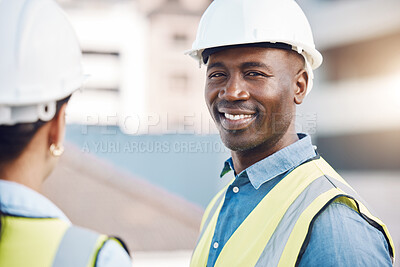 Buy stock photo Black man engineer or architect portrait with helmet, safety gear and outdoor lens flare. Trust, expert and happy smile of a construction worker or manager with worker on site for project development