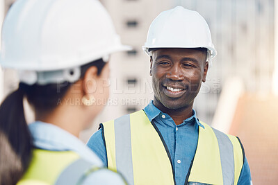 Buy stock photo Logistics worker, engineer or construction builder working on industrial site, building architecture in partnership and team doing maintenance. African man and engineering employee doing safety check