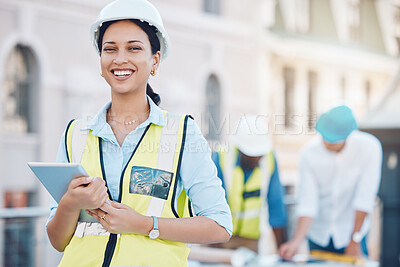 Buy stock photo Construction, tablet and architecture with a woman builder or architect working on a building site in the city. Engineer, design and technology with a female designer and her team in the background