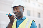 Phone call, construction worker and black man in the city working on building construction project. Safety, engineer and 5g mobile smartphone communication or cellphone with voice assistant or note