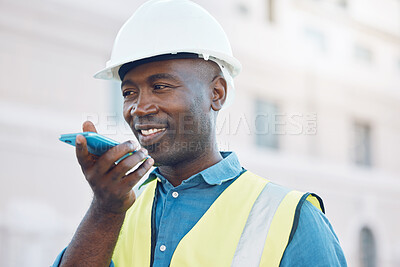 Buy stock photo Phone call, construction worker and black man in the city working on building construction project. Safety, engineer and 5g mobile smartphone communication or cellphone with voice assistant or note
