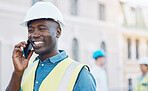Construction worker using a smartphone for phone call on site. Portrait of happy, smiling and black businessman in safety helmet and safety gear on the phone. Copy space, construction and work