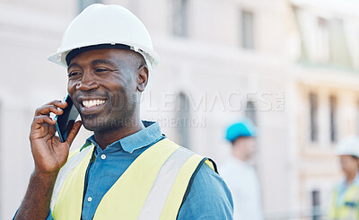 Buy stock photo Construction worker using a smartphone for phone call on site. Portrait of happy, smiling and black businessman in safety helmet and safety gear on the phone at job, work and construction business