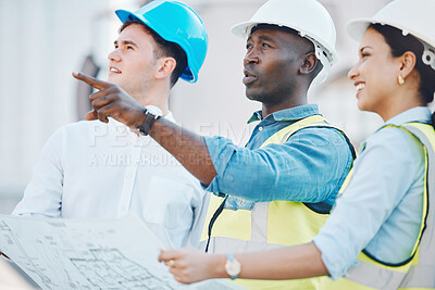 Buy stock photo Architect at construction site, discussion on blueprint or plan for building with staff. Team of employees of architecture company, with helmet working on strategy for real estate project or property