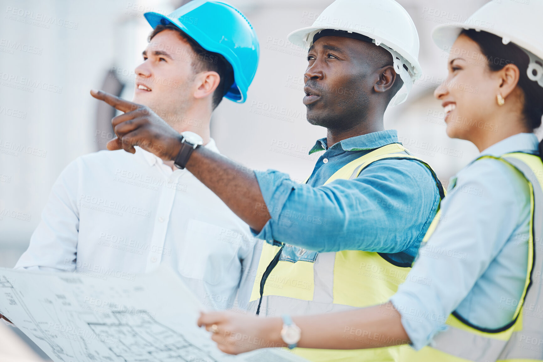 Buy stock photo Architect at construction site, discussion on blueprint or plan for building with staff. Team of employees of architecture company, with helmet working on strategy for real estate project or property