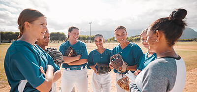 Buy stock photo Baseball, team and women with coach talking, conversation or speaking about game strategy. Motivation, teamwork and collaboration with leader coaching girls in softball sports training exercise.