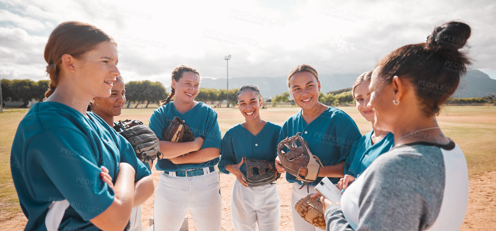 Buy stock photo Baseball, team and women with coach talking, conversation or speaking about game strategy. Motivation, teamwork and collaboration with leader coaching girls in softball sports training exercise.