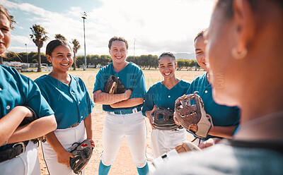 Buy stock photo Team of women baseball players, given strategy and motivation by coach to win game. Winning in sport means leadership, teamwork and pride as well as healthy competition for group victory in softball 