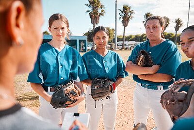 Buy stock photo Coach of girl team in baseball, give strategy to players before game or match. Trainer of woman softball squad in huddle, give talk on teamwork and plan, for winning sport competition or trophy