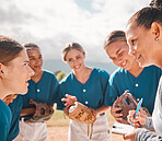 Coach gives strategy to baseball women team, to give them success and secure victory. Female leader talking to inspire motivation, teamwork and collaboration for softball sport athletes to win a game