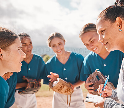 Buy stock photo Coach gives strategy to baseball women team, to give them success and secure victory. Female leader talking to inspire motivation, teamwork and collaboration for softball sport athletes to win a game