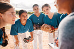 Baseball, team and coach in conversation, talking and speaking about game strategy for a game. Teamwork, collaboration and coaching with women or teens listen to group leader during sport discussion 