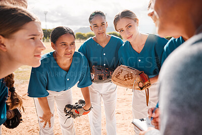 Buy stock photo Baseball, team and coach in conversation, talking and speaking about game strategy for a game. Teamwork, collaboration and coaching with women or teens listen to group leader during sport discussion 