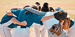 Baseball, support and team together in a match, game and training on a pitch or field, Women athlete or club with teamwork, collaboration and  conversation in a competitive sports outdoor in summer