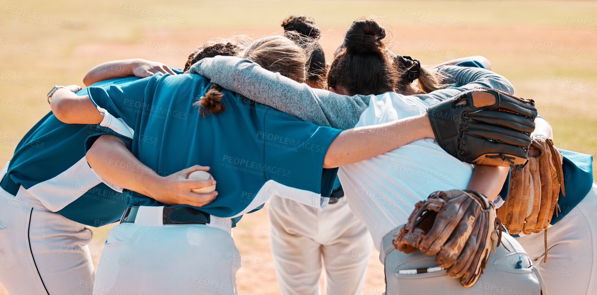 Buy stock photo Baseball, support and team together in a motivation, game and training on a pitch or field, Women athlete or club with teamwork, collaboration and  conversation in a sports match outdoor in summer